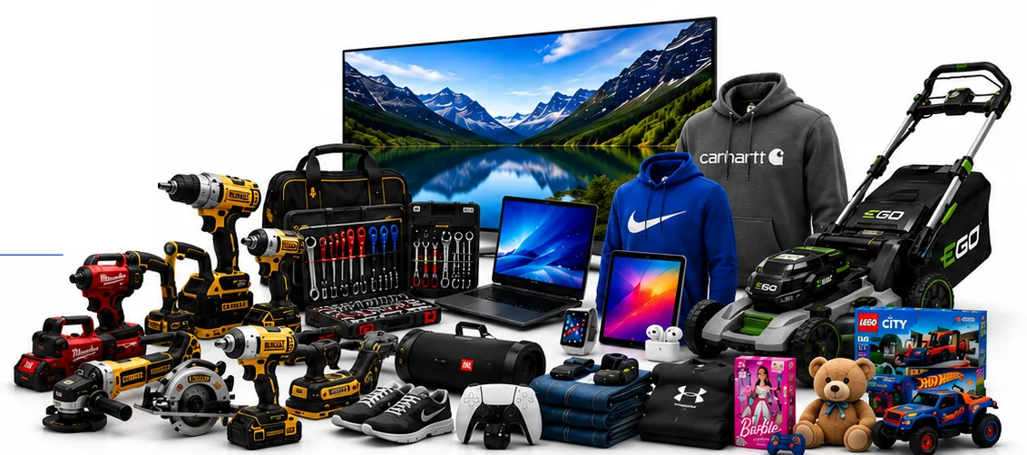 Auction items including tools, electronics, clothes, lawn equipment and toys